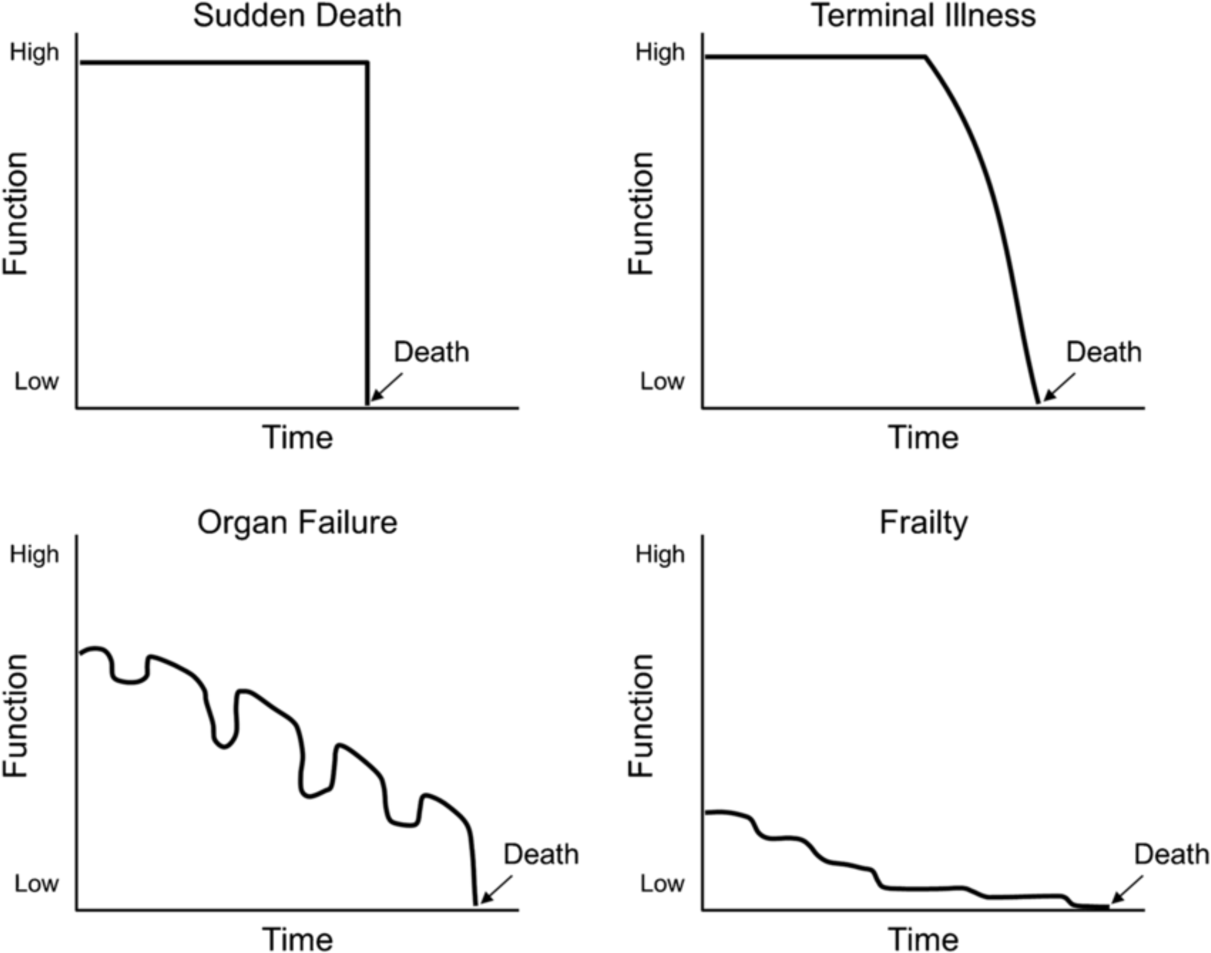 Four line charts comparing functional decline over time in sudden death, terminal illness, organ failure, and frailty.