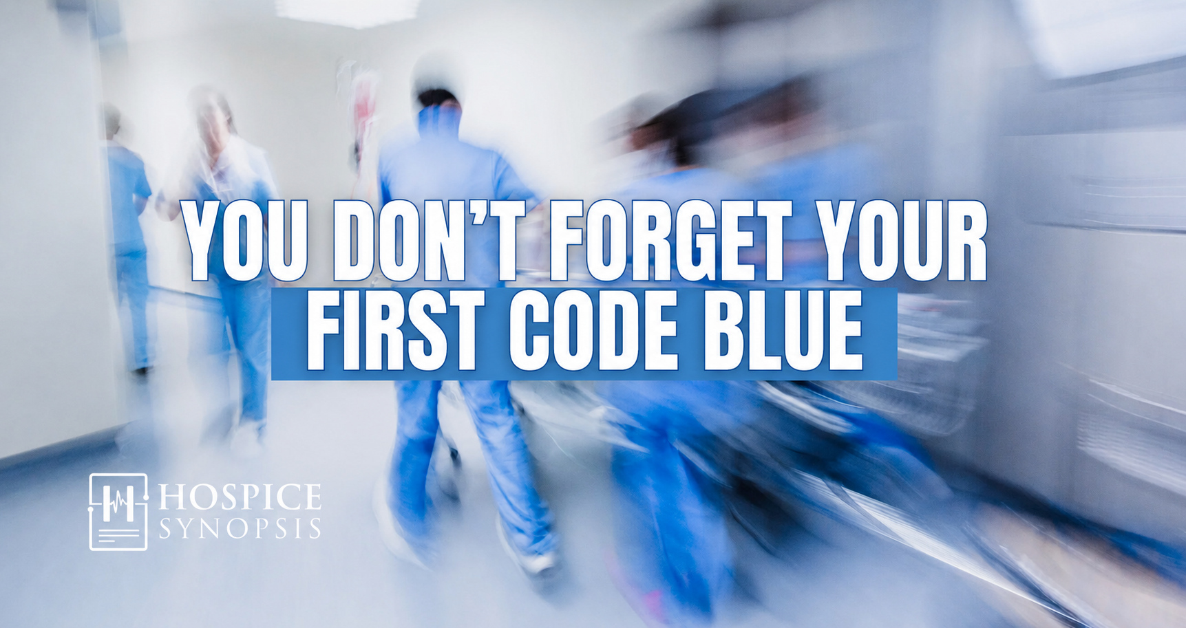 Blurred hospital code team moving quickly down a corridor.