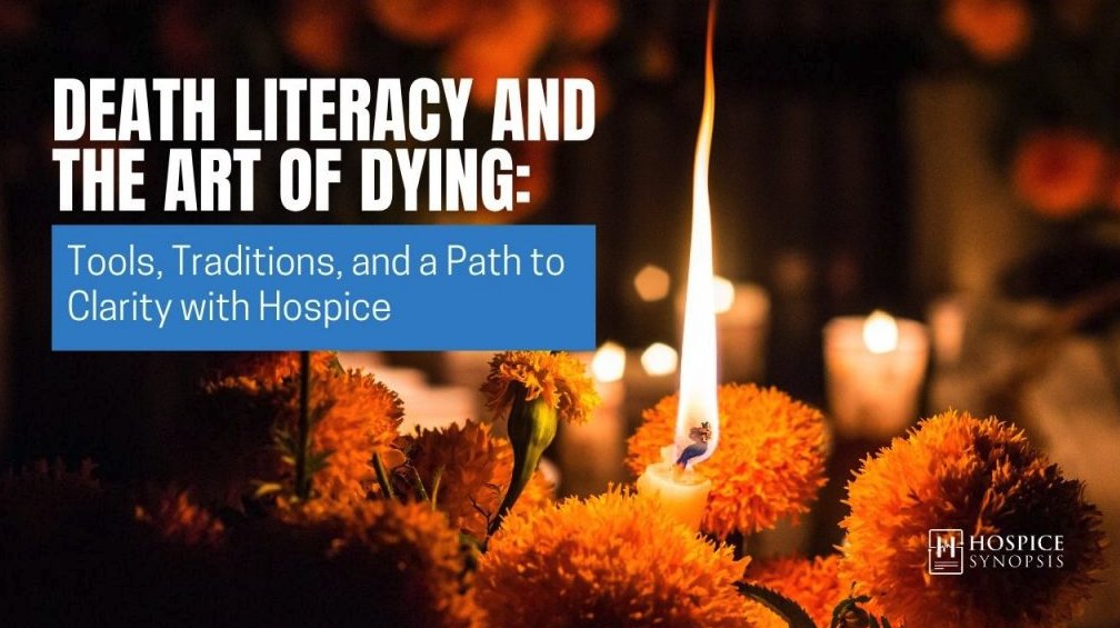 A candle burns among orange marigolds beside the title “Death Literacy and the Art of Dying.”