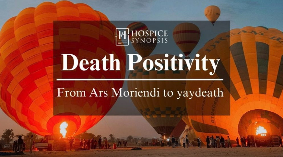 Hot-air balloons lift at sunrise behind the title “Death Positivity: From Ars Moriendi to yaydeath.”