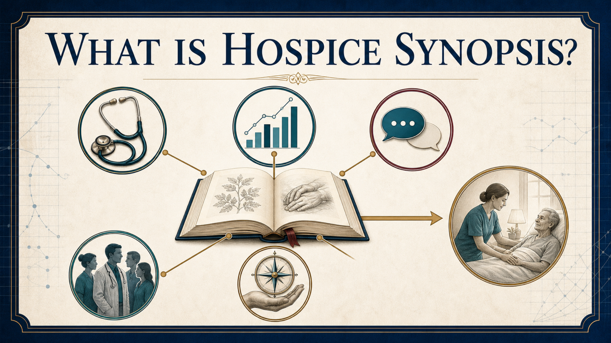 A medical-academic teaching diagram titled ‘What Is Hospice Synopsis?’ shows medicine, evidence, communication, teamwork, and human meaning connected through an open book to bedside care.