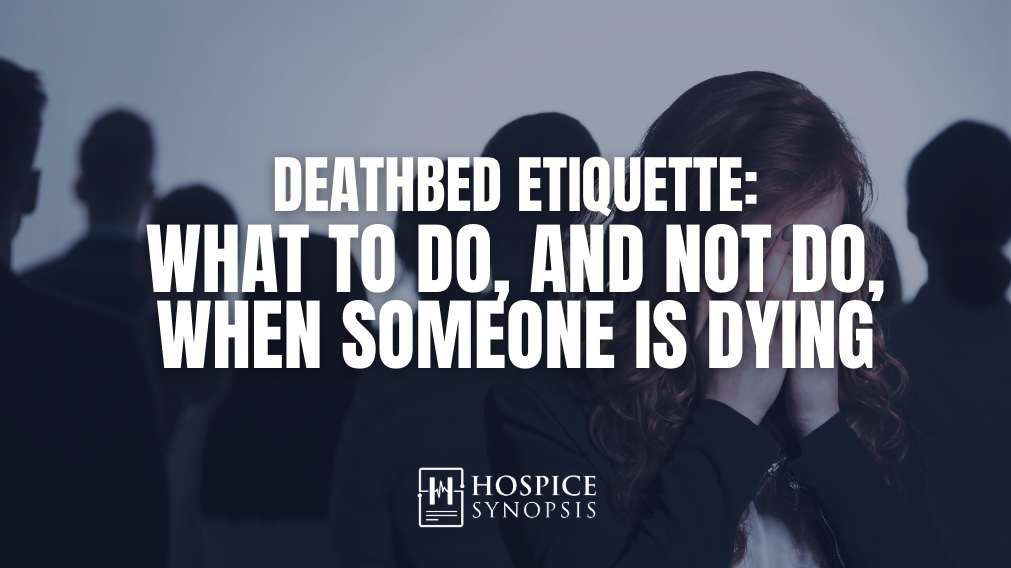 A grieving woman covers her face while people stand blurred in the background.